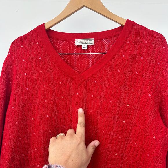 St. John Sport Red V-Neck Sequin Wool Sweater Medium Sparkle Knit Pullover - Picture 13 of 13